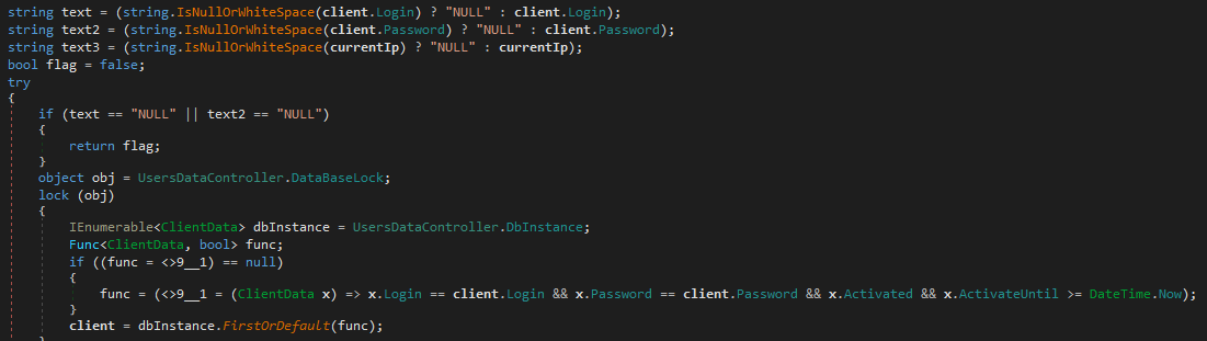 Figure 8. Excerpt of the function to handle affiliate logins in DbController