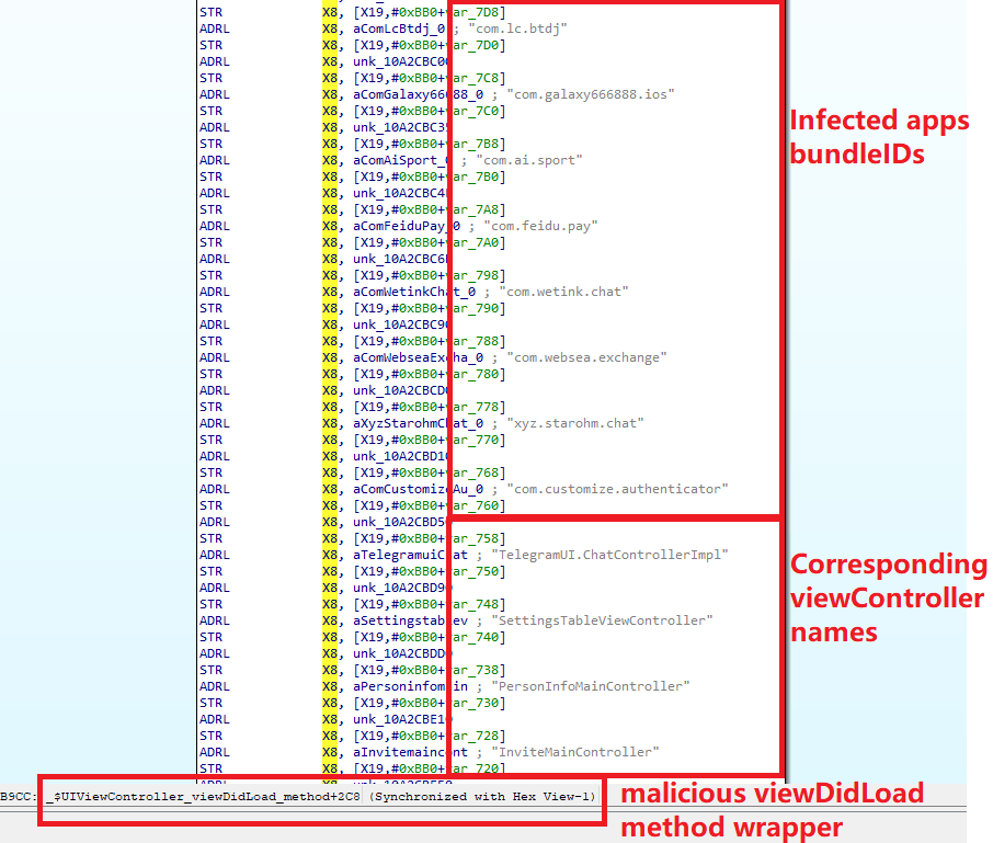 The code snippet of the malicious wrapper around the viewDidLoad method that determines which application the Trojan is running in