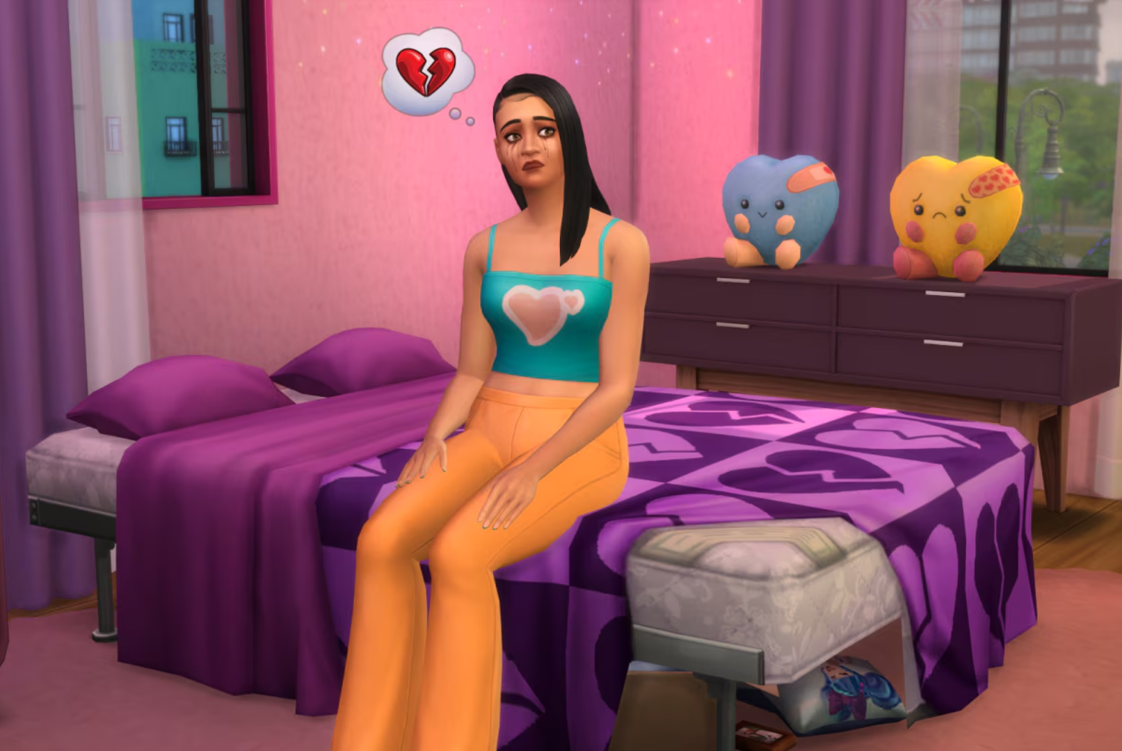 A Sim sits forlorn on her bed, with a broken heart icon in a thought bubble over her head, in The Sims 4.