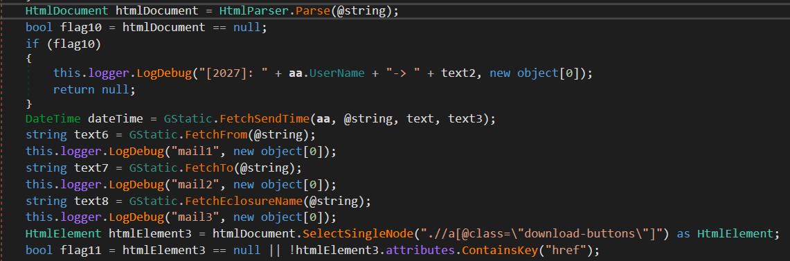 Figure 14. Code to parse an HTML page to extract email message data