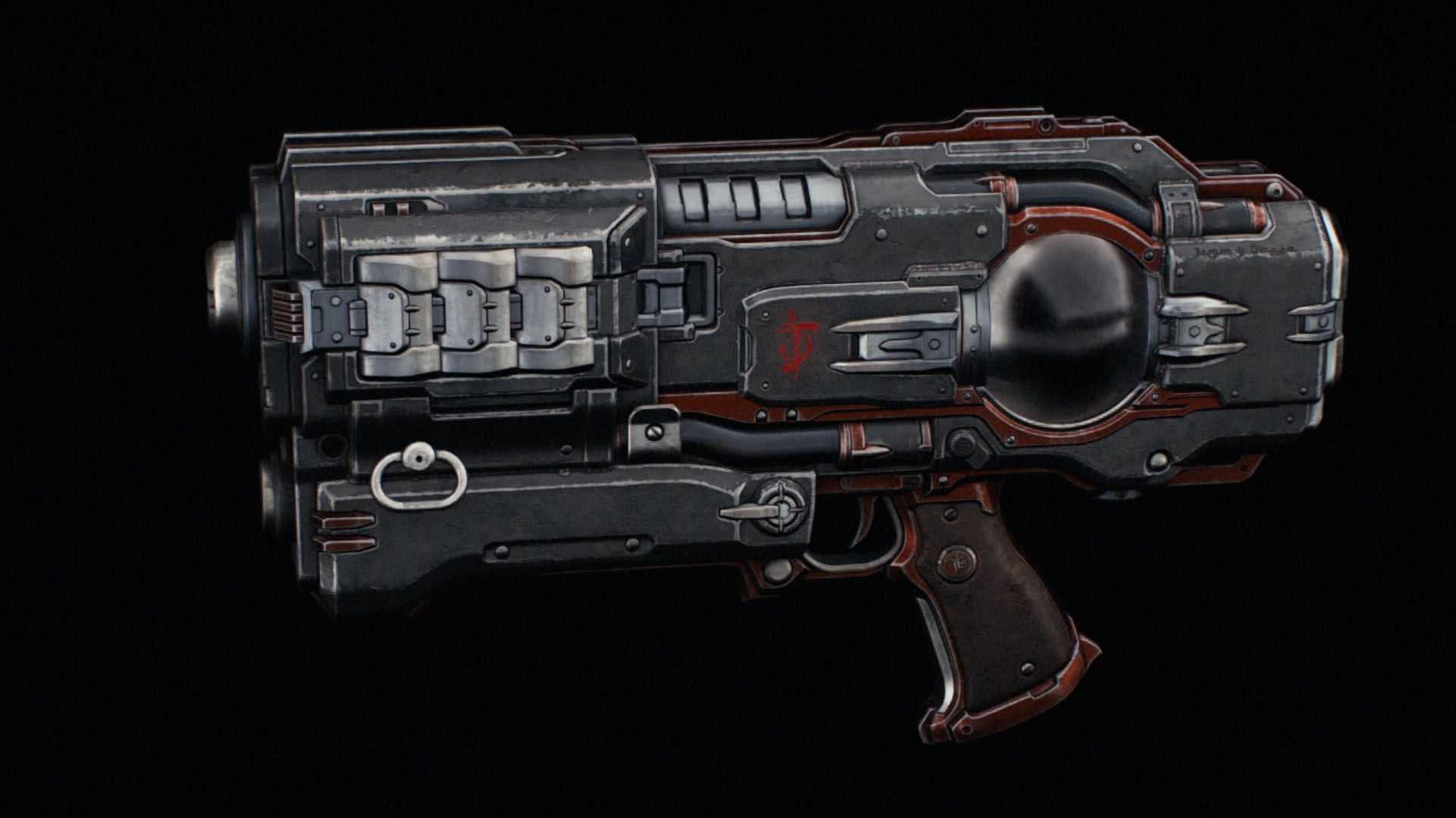 A pistol in hues of gray and a few details in red. You see a sphere of glass in the body of the pistol, which is where plasma appears when you use it in Doom: The Dark Ages.