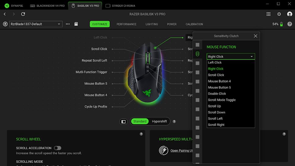 A screenshot of Razer's Synapse configuration software, displaying a few different customizable functions you can set for certain mouse buttons.