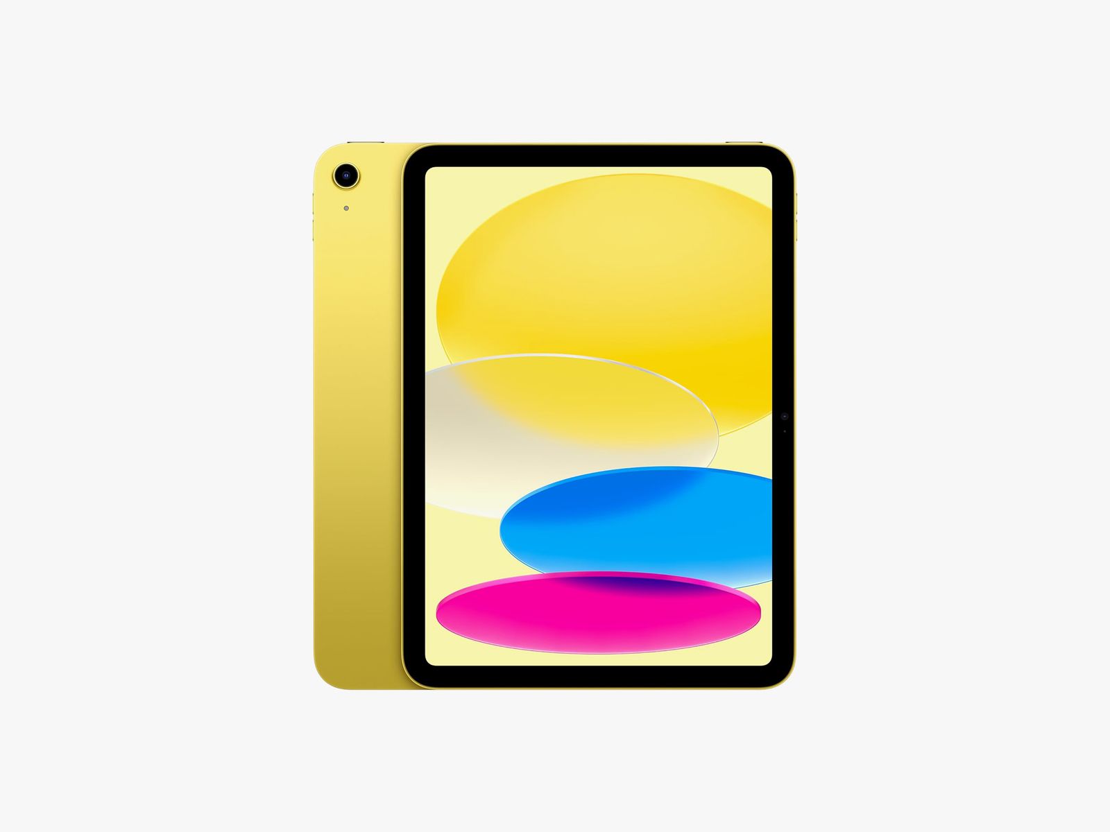 Apple iPad 2025 A16 in yellow showing the screen on the front and the camera on the back