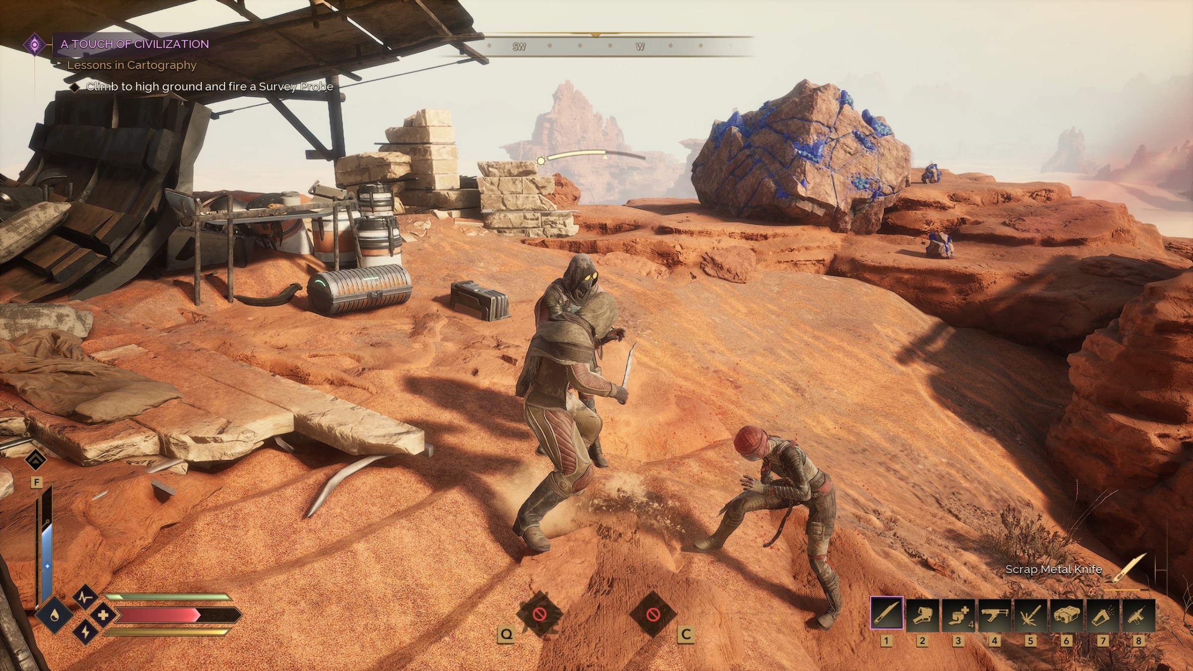 A Dune Awakening player in a knife fight with two scavengers