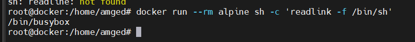 /bin/sh is a symbolic link to /bin/busybox in the Alpine-based containers