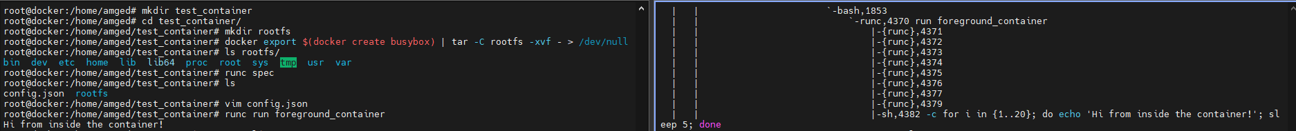 Process tree of a container created in foreground mode using runc