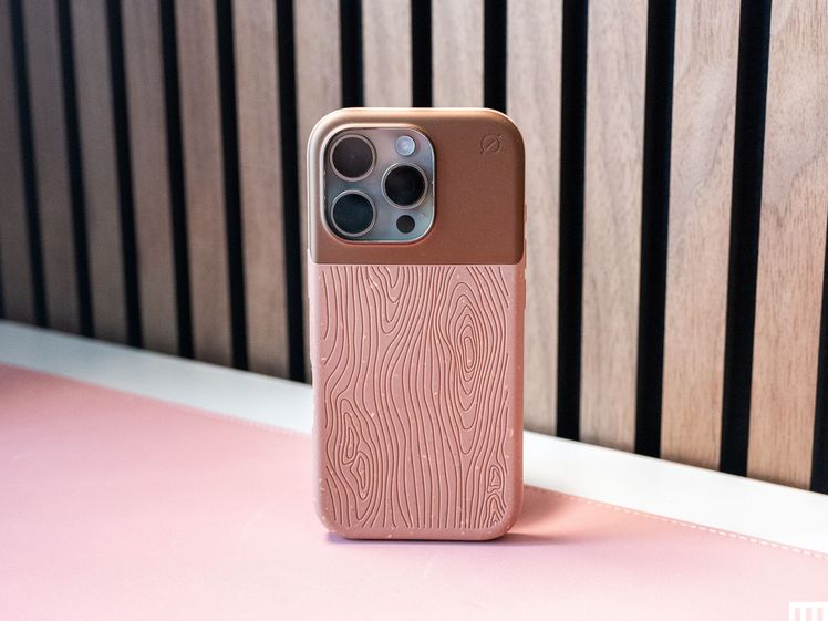 Atom Studios Split Wood Fiber MagSafe Case, a mobile phone case that's brown on top and woodgrain on the bottom