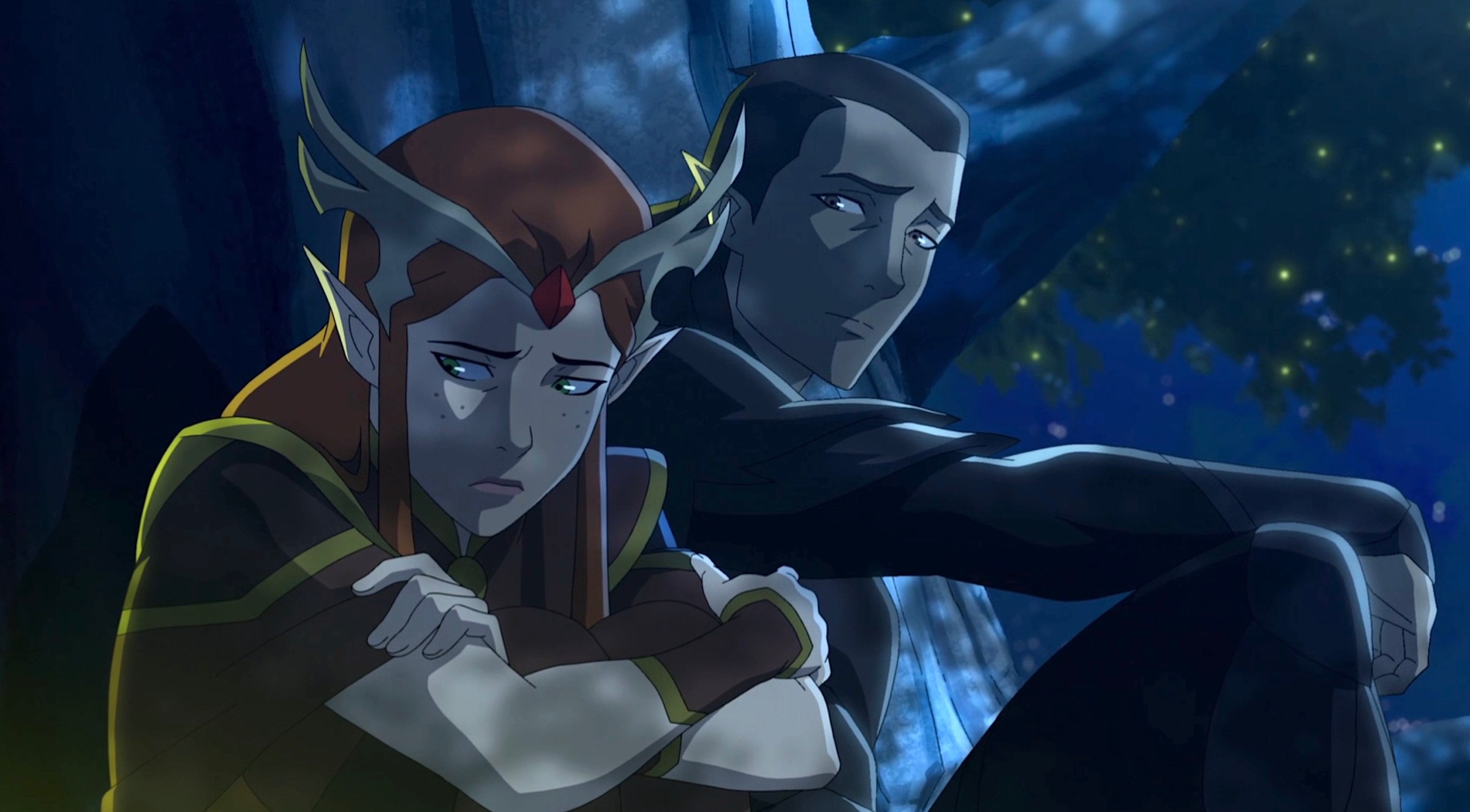 Half-elf Keyleth and her elf teammate Vax sit in a tree at night looking sad in Critical Role’s animated series The Legend of Vox Machina