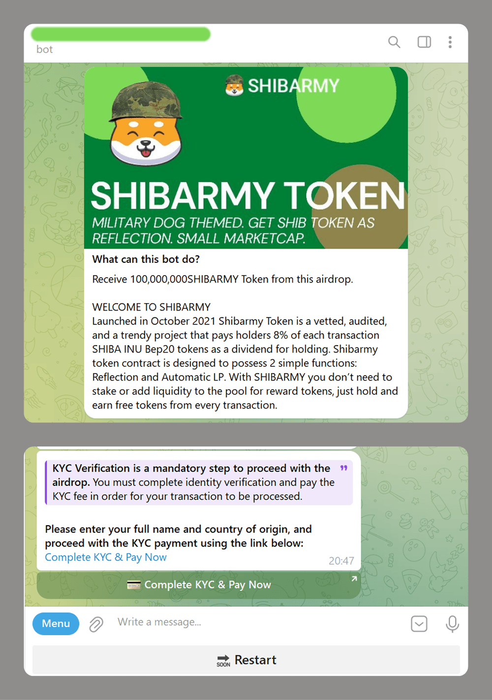 Telegram bot seemingly giving away SHIBARMY tokens