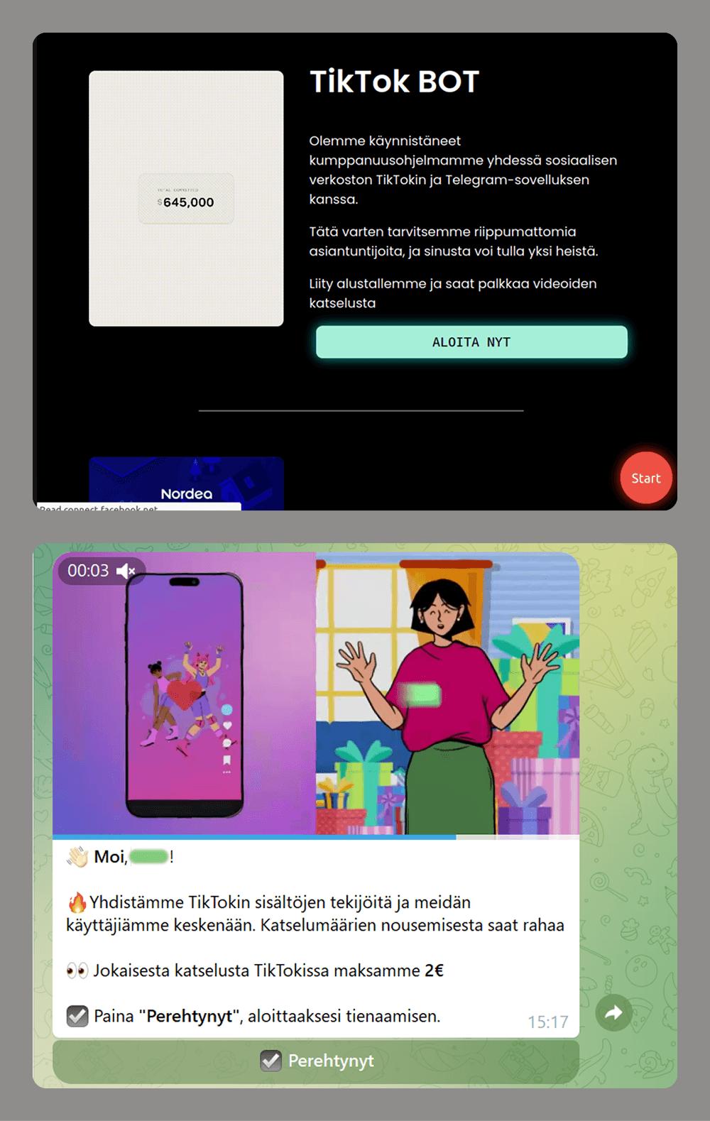 Phishing site promises easy earnings through a Telegram bot.