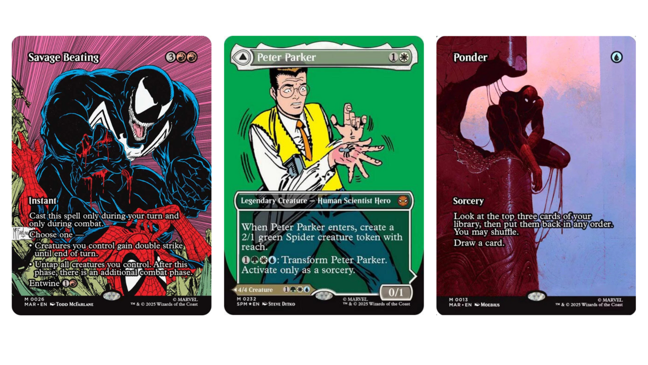 The cards Savage Beating, Peter Parker, and Ponder, all which feature artwork from iconic comic artists.