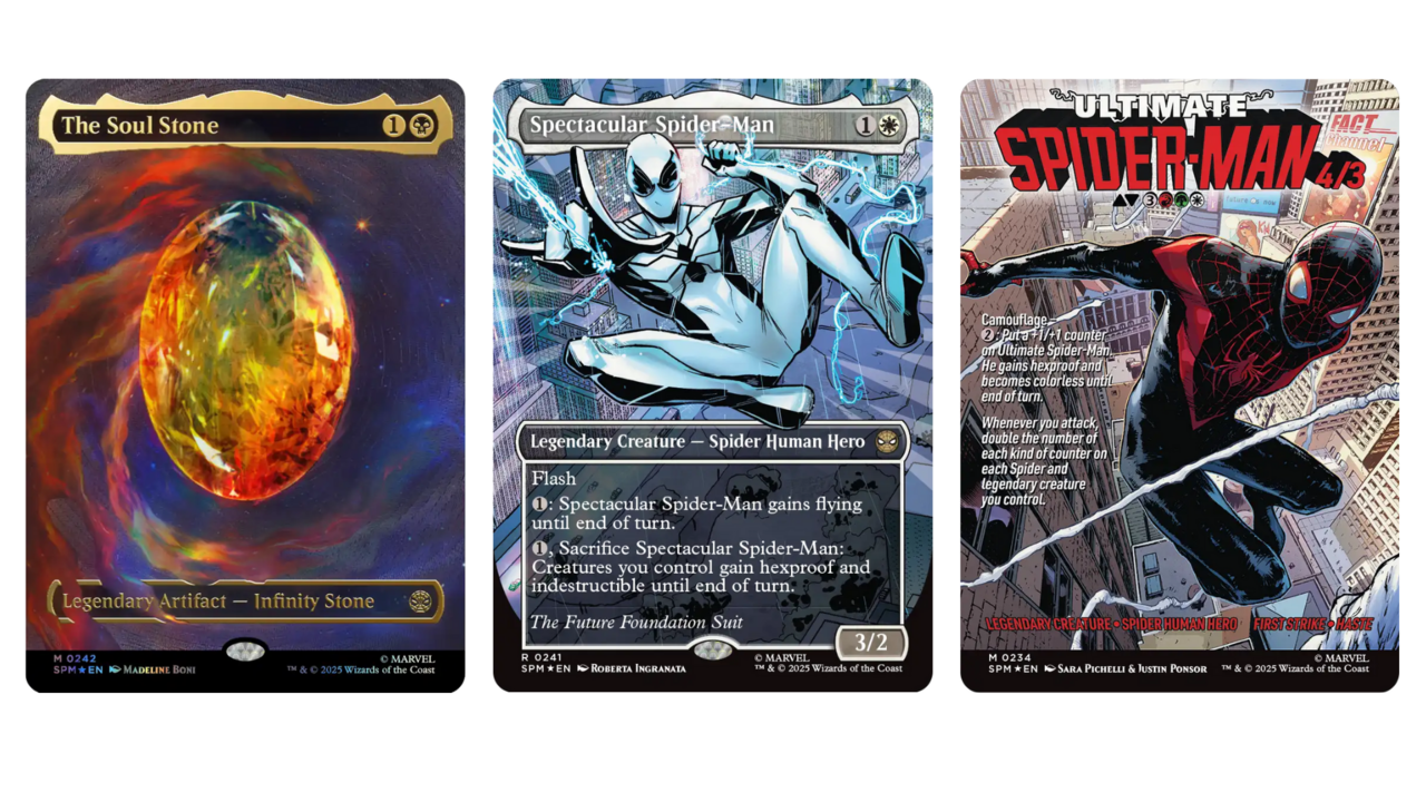 The Soul Stone, Spectacular Spider-Man variants, and the set's comic book cover-inspired full-art cards are among the most sought after.