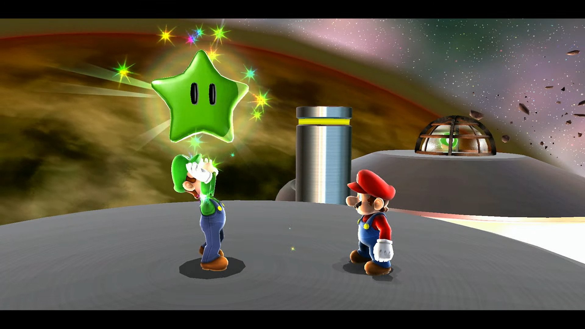 Luigi summons a star in front of Mario.