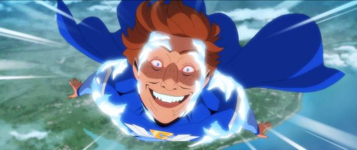 A superhero in The Boys: Diabolical high on V and flying above a city