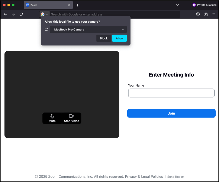Initial page mimicking Zoom call joining behavior