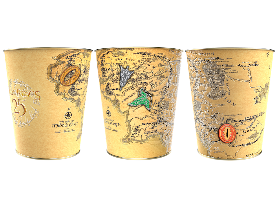 Popcorn buckets showing unique designs for the LOTR 25th anniversary theatrical rereleases.